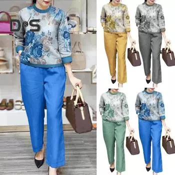 2 шт./комплект женский футболка брюки комплект цветочный принт рукава три четверти круглый вырез свободные карманы широкие штанины осень весна топ брюки костюм женская одежда XL синий