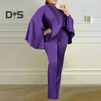 2 шт./комплект женский искусственный атласный наряд с круглым вырезом летучая мышь с длинным рукавом свободные топы с высокой талией длинные брюки комплект однотонный эластичный наряд XL фиолетовый