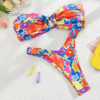 2 шт./комплект женский комплект бикини бандо мягкий беспроводной бюстгальтер бикини с высокой талией плавки комплект раздельный дизайн цветочный принт купальник S жёлтый