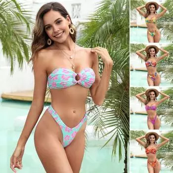 2 шт./комплект женский комплект бикини бандо мягкий беспроводной бюстгальтер бикини с высокой талией плавки комплект раздельный дизайн цветочный принт купальник S розы красного