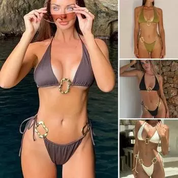 2 шт./комплект женский комплект бикини бюстгальтер на бретельках со шнуровкой трусы комплект металлическое соединение однотонный пляжный стиль купальники S белый