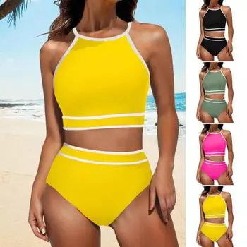 2 шт./комплект женский комплект бикини бюстгальтер с завязками на шее и спине-борцовкой плавки с высокой талией спортивный купальник с цветными блоками S жёлтый