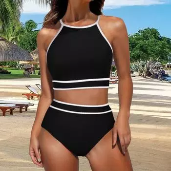 2 шт./комплект женский комплект бикини бюстгальтер с завязками на шее и спине-борцовкой плавки с высокой талией спортивный купальник с цветными блоками S чёрный