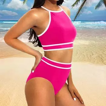 2 шт./комплект женский комплект бикини бюстгальтер с завязками на шее и спине-борцовкой плавки с высокой талией спортивный купальник с цветными блоками S чёрный