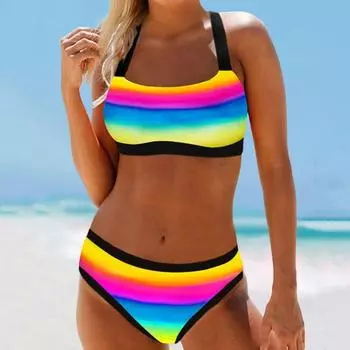 2 шт./комплект женский комплект бикини красочный полосатый принт U-образный вырез контрастный XL красный