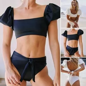 2 шт./комплект женский комплект бикини квадратный воротник буф короткий рукав бюстгальтер шнуровка живот утягивающий плавки комплект купальный костюм S белый