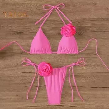 2 шт./комплект женский комплект бикини на шнуровке бюстгальтер с подкладкой плавки комплект 3D цветочный декор пляжный стиль купальники S слоновая кость