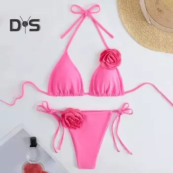 2 шт./комплект женский комплект бикини на шнуровке бюстгальтер с подкладкой плавки комплект 3D цветочный декор пляжный стиль купальники S розовый