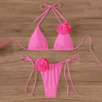 2 шт./комплект женский комплект бикини на шнуровке бюстгальтер с подкладкой плавки комплект 3D цветок S слоновая кость