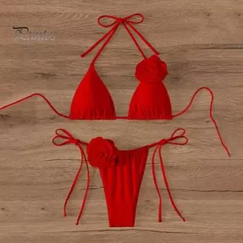 2 шт./комплект женский комплект бикини на шнуровке бюстгальтер с подкладкой плавки комплект 3D цветочный декор пляжный стиль купальники S королевский синий