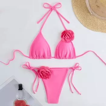 2 шт./комплект женский комплект бикини на шнуровке бюстгальтер с подкладкой плавки комплект 3D цветочный декор пляжный стиль купальники S оранжевый