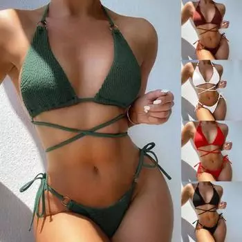 2 шт./комплект женский комплект бикини однотонный цвет халтер шея много бретелей S чёрный