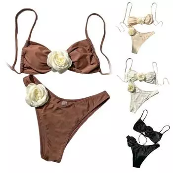 2 шт./комплект женский комплект бикини регулируемые подтяжки открытая спина 3D цветочный декор бюстгальтер M белый