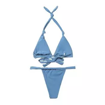 2 шт./комплект женский комплект бикини с лямками на шее, беспроводной бюстгальтер бикини с высокой талией, комплект плавок, раздельный дизайн, однотонный купальник S синий