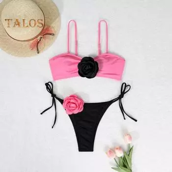2 шт./комплект женский комплект бикини с цветочным декором бюстгальтер на шнуровке трусы комплект трехмерные цветы регулируемые бретели купальник S красный