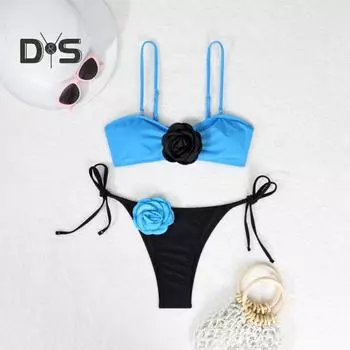 2 шт./комплект женский комплект бикини с цветочным декором бюстгальтер на шнуровке трусы комплект трехмерные цветы регулируемые бретели купальник S розовый