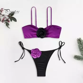 2 шт./комплект женский комплект бикини с цветочным декором бюстгальтер на шнуровке трусы комплект трехмерные цветы регулируемые бретели купальник S фиолетовый