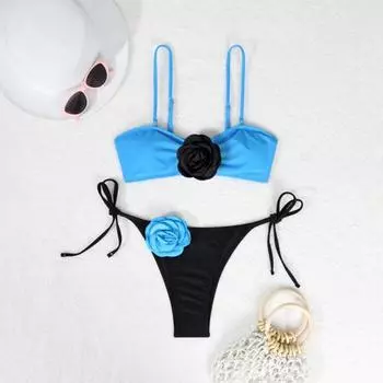 2 шт./комплект женский комплект бикини с цветочным декором бюстгальтер на шнуровке трусы комплект трехмерные цветы регулируемые бретели купальник S красный