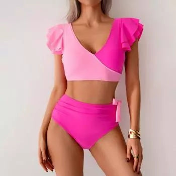 2 шт./комплект женский комплект бикини с V-образным вырезом, бюстгальтер с оборками на рукавах, плавки с высокой талией, комплект с пышными вырезами, купальный костюм, купальник S розовый