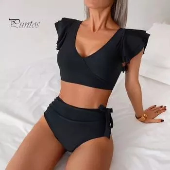 2 шт./комплект женский комплект бикини с V-образным вырезом, бюстгальтер с оборками на рукавах, плавки с высокой талией, комплект с пышными вырезами, купальный костюм, купальник S чёрный