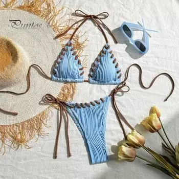 2 шт./комплект женский комплект бикини сексуальный плиссированный пэчворк цветной бюстгальтер халтер высокая талия плавки комплект со шнуровкой пляжный купальник S