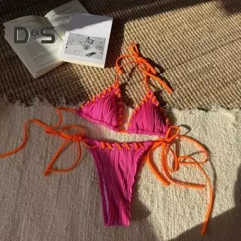 2 шт./комплект женский комплект бикини сексуальный плиссированный пэчворк цветной бюстгальтер халтер высокая талия плавки комплект со шнуровкой пляжный купальник S