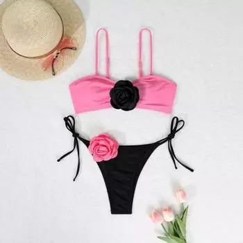2 шт./комплект женский комплект бикини слинг цветочный декор бюстгальтер на шнуровке трусы комплект трехмерные цветы S розовый