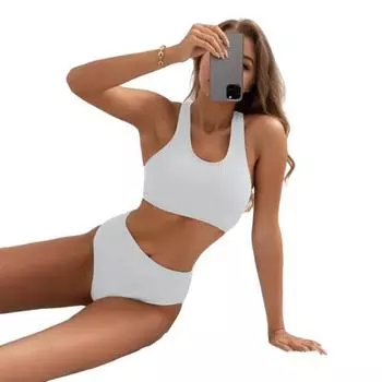 2 шт./комплект женский комплект бикини U-образный вырез без рукавов съемный бюстгальтер с подкладкой высокая талия плавки комплект ребристый купальник S белый