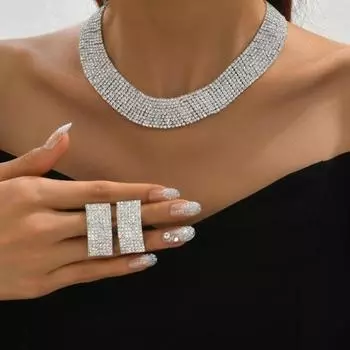 2 шт./комплект, женский комплект из ожерелий и серег для официального банкета и выпускного вечера, многослойные стразы, регулируемая длина, свадебный комплект ювелирных изделий для невесты и знаменитостей серебряный