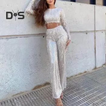 2 шт./комплект женский комплект одежды для вечеринки с кисточками и пайетками, укороченный топ с длинными рукавами и высокой талией, широкие длинные брюки S чёрный