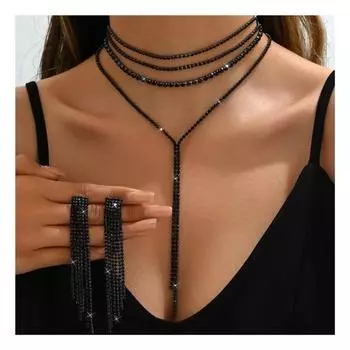 2 шт./комплект женский комплект ожерелий и серег для официального банкета и выпускного вечера многослойные кисточки стразы чёрный