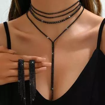 2 шт./комплект женский комплект ожерелий и серег для официального банкета и выпускного вечера многослойная кисточка стразы регулируемая цепочка свадебная звезда комплект ювелирных изделий знаменитости чёрный