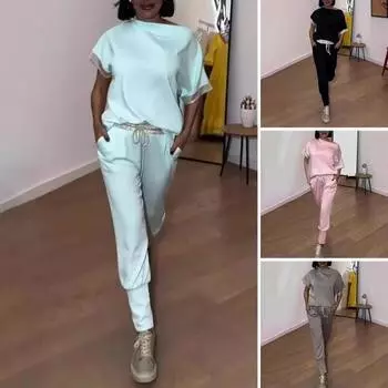 2 шт./комплект женский комплект с открытыми плечами короткий рукав пайетки сращивание манжеты топы эластичный шнурок талия длинные брюки комплект XXXL чёрный