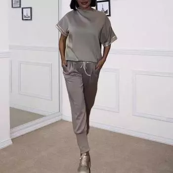 2 шт./комплект женский комплект с открытыми плечами короткий рукав пайетки сращивание манжеты топы эластичный шнурок талия длинные брюки комплект XXXL чёрный