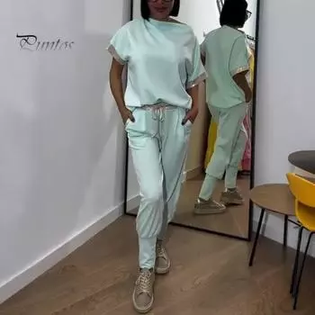 2 шт./комплект женский комплект с открытыми плечами короткий рукав пайетки сращивание манжеты топы эластичный шнурок талия длинные брюки комплект M чёрный