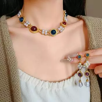 2 шт./комплект женский комплект ювелирных изделий искусственный жемчуг двухслойные толстые цепочки серьги преувеличенный ретро королевский стиль