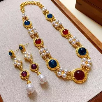 2 шт./комплект женский комплект ювелирных изделий искусственный жемчуг двухслойные толстые цепочки серьги преувеличенный ретро королевский