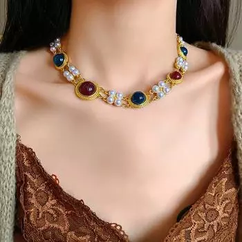 2 шт./комплект женский комплект ювелирных изделий искусственный жемчуг двухслойные толстые цепочки серьги преувеличенный ретро королевский стиль геометрический камень ожерелье комплект золотистый