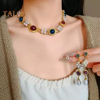 2 шт./комплект женский комплект ювелирных изделий искусственный жемчуг двухслойные толстые цепочки серьги преувеличенный ретро королевский стиль геометрическое ожерелье из камня набор для торжественного банкета золотистый