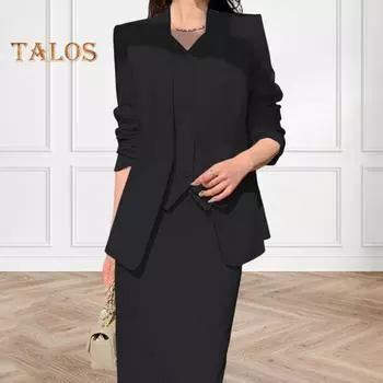 2 шт./комплект женский костюм пальто юбка комплект формальный деловой стиль длинные рукава открытый крой пальто высокая талия Slim Fit А-силуэт миди юбка OL Commuting офис S чёрный