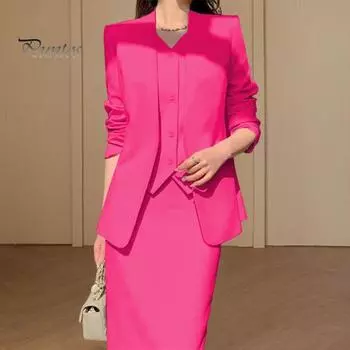 2 шт./комплект женский костюм пальто юбка комплект формальный деловой стиль длинные рукава открытый крой пальто высокая талия Slim Fit А-силуэт миди юбка OL Commuting офис S розы красного