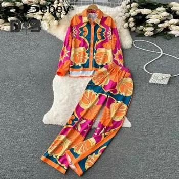 2 шт./комплект женский костюм рубашка брюки яркий цветной принт широкий штанина свободные лацканы однобортный этнический стиль преувеличенные карманы высокая эластичная талия повседневный 3XL жёлтый