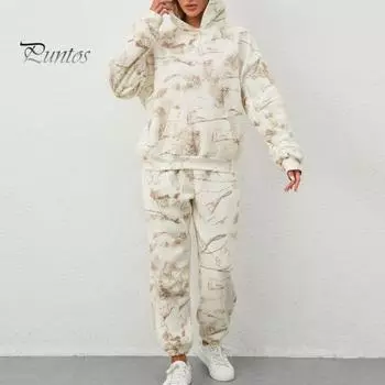 2 шт./комплект женский костюм с капюшоном и брюками с принтом, длинные рукава, толстый верх, эластичный пояс, облегающие брюки, спортивный костюм для фитнеса, осенне-зимний спортивный костюм S абрикосовый