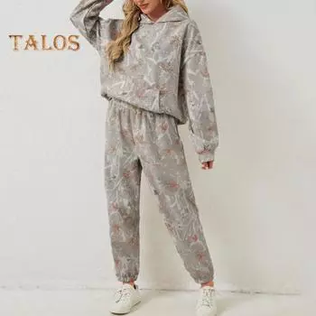 2 шт./комплект женский костюм с капюшоном и брюками с принтом, длинные рукава, толстый верх, эластичный пояс, облегающие брюки, спортивный костюм для фитнеса, осенне-зимний спортивный костюм S серый