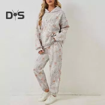 2 шт./комплект женский костюм с капюшоном и брюками с принтом, длинные рукава, толстый верх, эластичный пояс, облегающие брюки, спортивный костюм для фитнеса, осенне-зимний спортивный костюм S абрикосовый