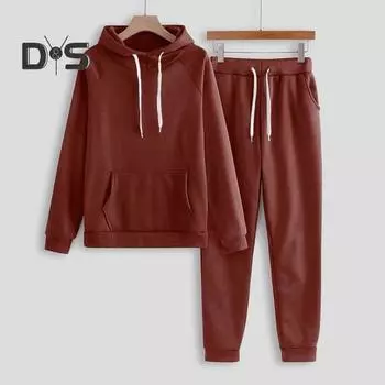 2 шт./комплект женский костюм с капюшоном брюки однотонный плюш длинный рукав толстый верх эластичный пояс брюки с резинкой на щиколотке спортивный фитнес-костюм осень зима XXL светло-фиолетовый