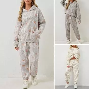 2 шт./комплект женский костюм с капюшоном и брюками с принтом, длинные рукава, толстый верх, эластичный пояс, облегающие брюки, спортивный костюм для фитнеса, осенне-зимний спортивный костюм S хаки