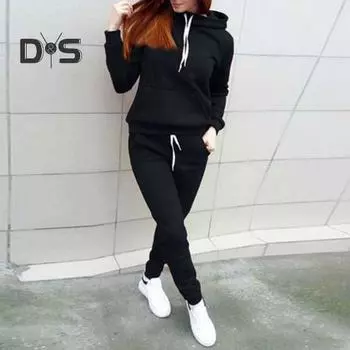 2 шт./комплект женский костюм с капюшоном брюки однотонный плюш длинный рукав толстый верх эластичный пояс брюки с резинкой на щиколотке спортивный фитнес-костюм осень зима M хаки