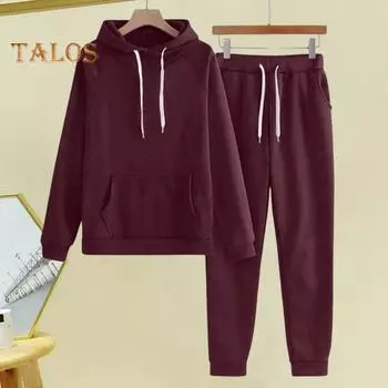 2 шт./комплект женский костюм с капюшоном брюки однотонный плюш длинный рукав толстый верх эластичный пояс брюки с резинкой на щиколотке спортивный фитнес-костюм осень зима S зелёный