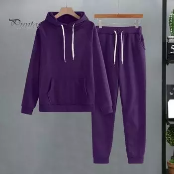 2 шт./комплект женский костюм с капюшоном брюки однотонный плюш длинный рукав толстый верх эластичный пояс брюки с резинкой на щиколотке спортивный фитнес-костюм осень зима XXL хаки
